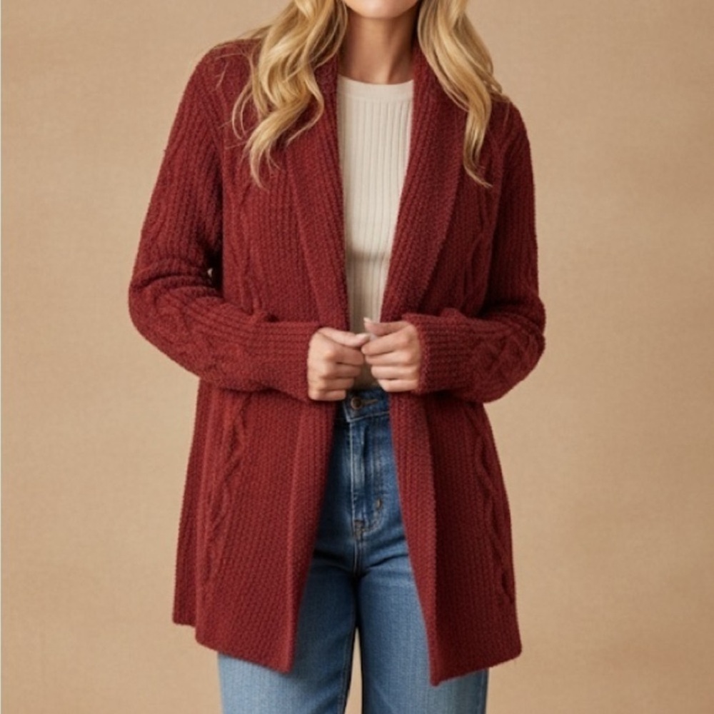 Barefoot Dreams Crimson Red CozyChic Cable Knit Open Front Cardigan Size Small